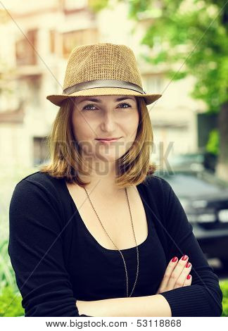 Closeup Portrait Of Beautiful Blonde Girl In Hat Is Smiling