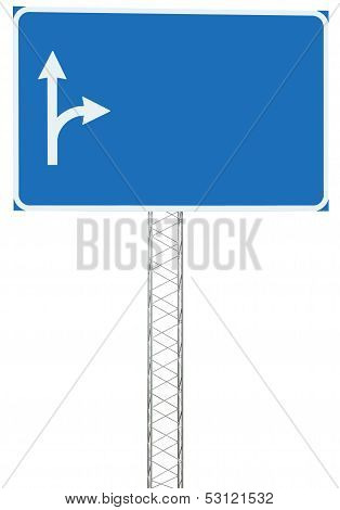 Motorway Road Junction Driving Direction Info Sign Panel Signboard, Large Isolated Blank Empty Blue