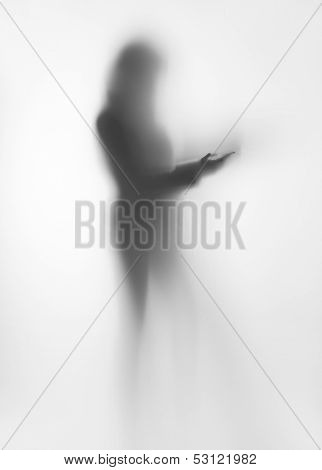 Human standing female body silhouette with book behind a curtain