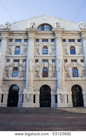 Palazzo Della Borsa. Exchange Building On Dramatic Sky, Milan