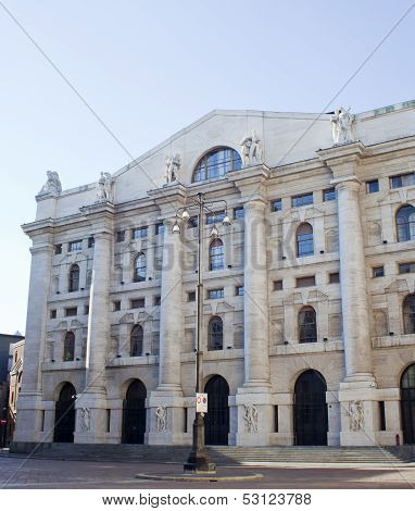 Palazzo Della Borsa. Exchange Building On Dramatic Sky, Milan