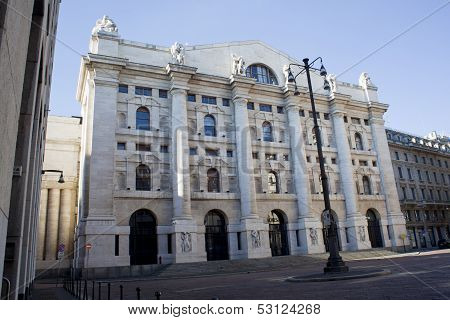 Palazzo Della Borsa. Exchange Building On Dramatic Sky, Milan