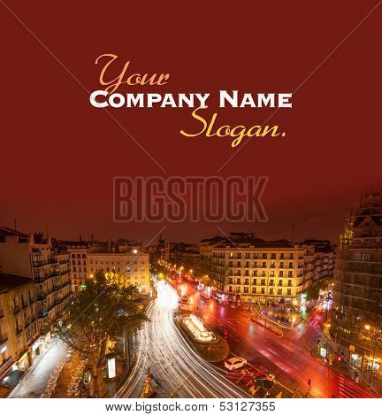 Aerial view of a night scene in Glorieta de Bilbao in Madrid, Spain