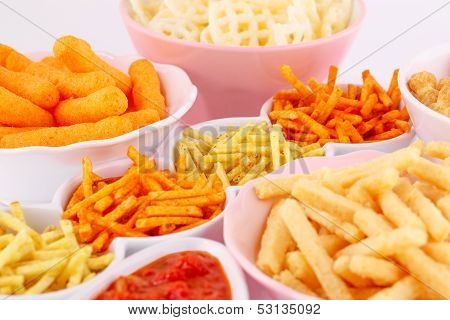 Potato, Corn And Wheat Chips In Bowls