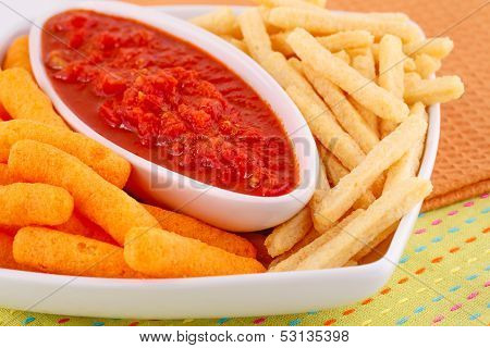 Potato, Corn Chips And Red Sauce