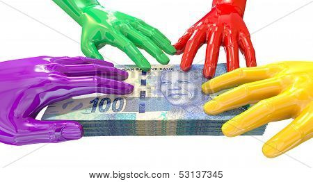 Hands Colorful Grabbing At South African Rands