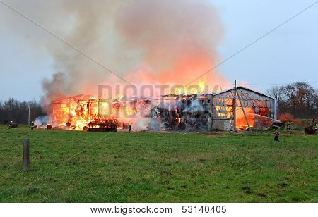 Burning farm with 1000 tons hay in village.