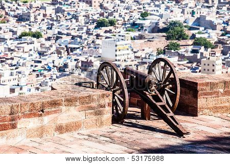 Aerial View Of Jodhpur - The Blue City - With Umaid Bhawan Palace On Sunset. View From Mehrangarh Fo