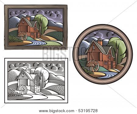 Vector illustration of a watermill, done in retro woodcut style. 