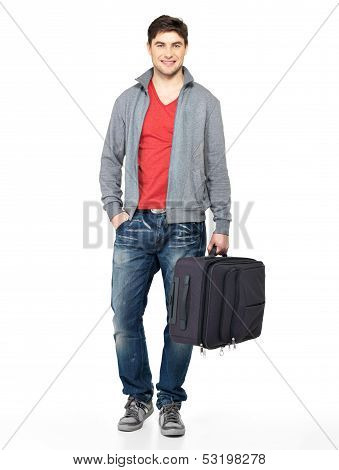 Full Portrait Of Smiling Happy Man With Suitcase