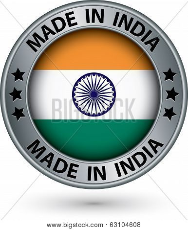 Made In India Silver Label With Flag, Vector Illustration