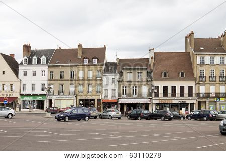 The Row Of Ancient Houses On The Central Square In The Historical Center Of Autun
