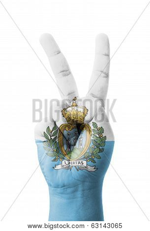 Hand Making The V Sign, San Marino Flag Painted As Symbol Of Victory, Win, Success - Isolated On Whi