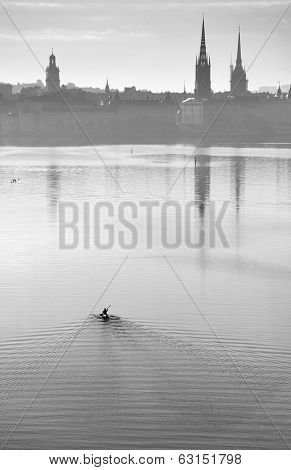 Stockholm embankment with kayak