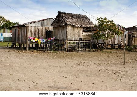Peru, Peruvian Amazonas Landscape. The Photo Present Typical Indian Tribes Settlement In Amazon