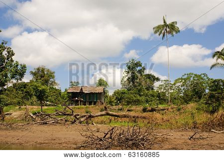 Peru, Peruvian Amazonas Landscape. The Photo Present Typical Indian Tribes Settlement In Amazon