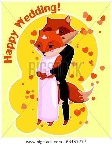 Cartoon postcard for Wedding with cute foxes