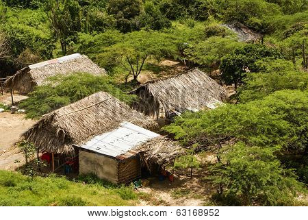 Peru, Peruvian Amazonas Landscape. The Photo Present Typical Indian Tribes Settlement In Amazon