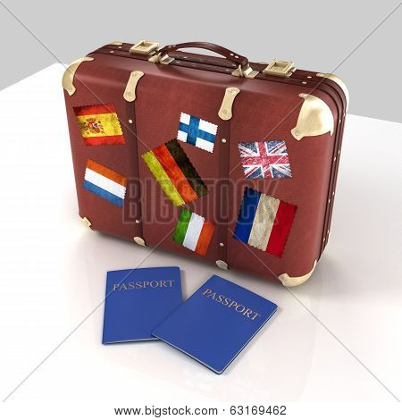 Old Suitcase With Passports And Striples Flags On White Background