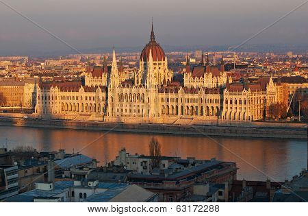 Famous Building Of Hungarian Parliament In Evening Light