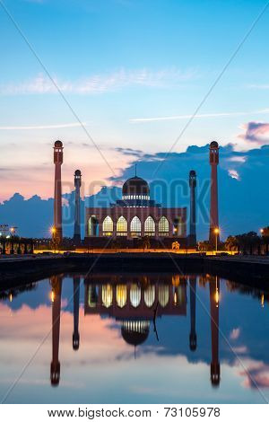 Central mosque with reflection at dusk, Songkhla, Thailand
