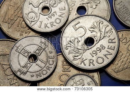 Coins of Norway. Monogram of King Harald V depicted in Norwegian one krone coin and Norwegian five kroner coin. 
