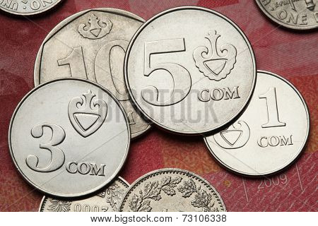 Coins of Kyrgyzstan. Kyrgyz leather bottle called the kookor depicted in Kyrgyzstani som coins. 