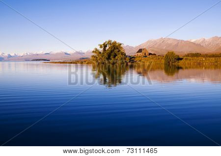 Church of the Good Shepherd and Lake, Mackenzie Country, Canterbury, New Zealand.