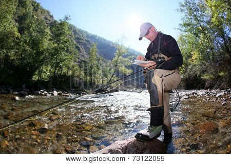 Flyfisherman choosing artificial fly as bait