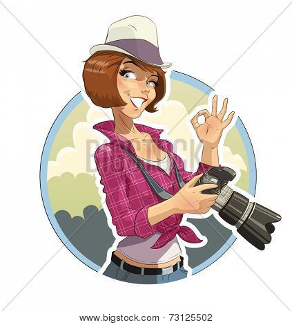 Photographer girl with camera. Eps10 vector illustration. Isolated on white background