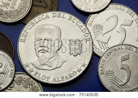 Coins of Ecuador. President of Ecuador Eloy Alfaro depicted in the Ecuadorian centavo coins.
