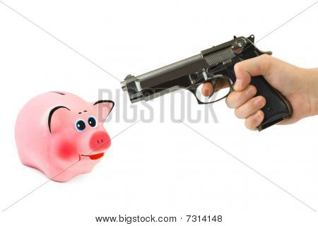 Piggy Bank en Hand met pistool