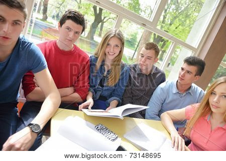 happy young teens group in school on chemisty lessons and library education