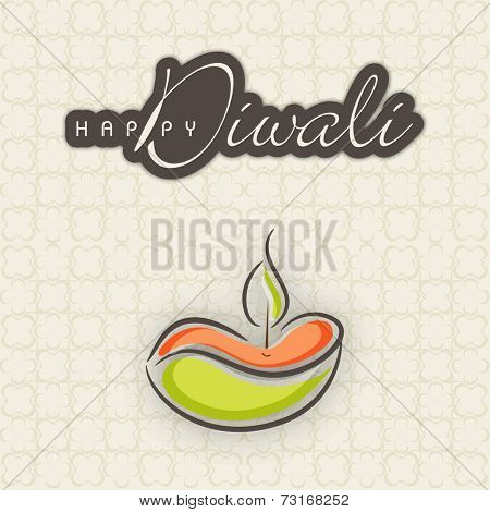 Sketch of illuminated colorful oil lit lamp and text Happy Diwali on seamless background.