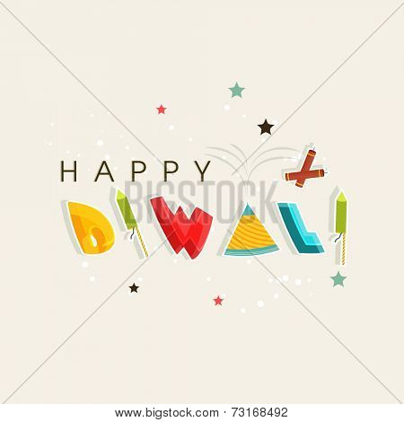 Kiddish text of Happy Diwali with crackers and stars on dotted background.