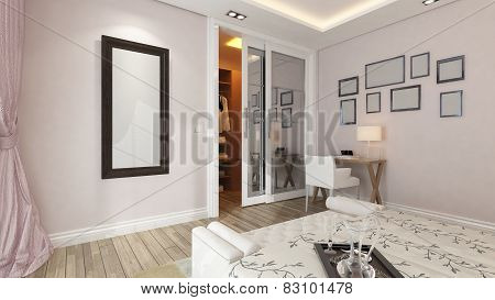 A 3D Rendering Of Modern Bedroom With Pink Wall