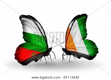 Two Butterflies With Flags On Wings As Symbol Of Relations Bulgaria And Cote Divoire