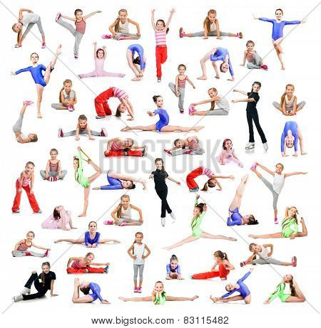 collage of beautiful little girl gymnasts  perform exercises on a white background