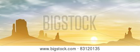 A Desert Landscape with Mountains and Sunset, Sunrise. Vector EPS 10.