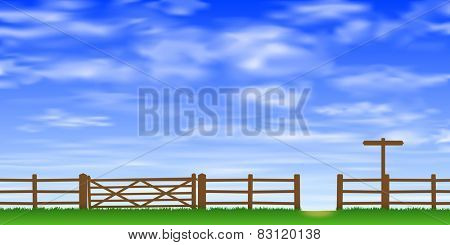 A Wooden Gate and Fence with Grass and Blue Sky. Vector EPS 10.