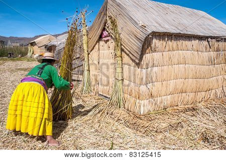 Unrecognizable Woman In National Costume Indian Uros Knits A Sheaf. Uros - Floating Islands, Titicac