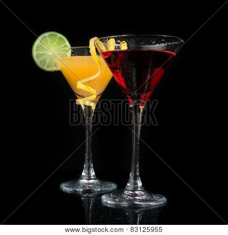 Two Cocktails Red Cosmopolitan Cocktail On A Black Background