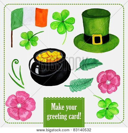 St.patrick day set for greeting card with hat, coins and clover