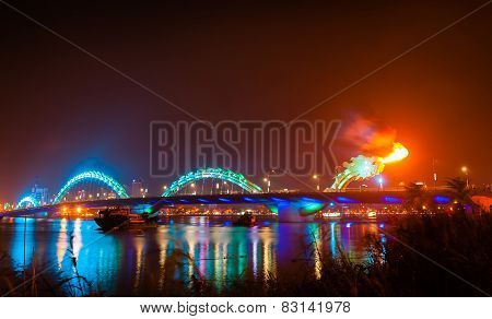 Turquoise Dragon Bridge With Firing In Danang Vietnam