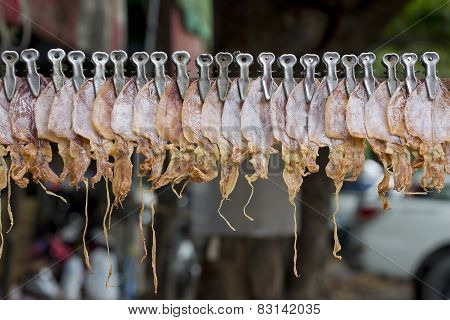 Roasted Squid Selling In The Street Of Bangkok