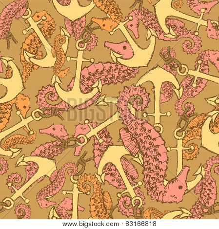 Sketch Seahorse And Anchor In Vintage Style
