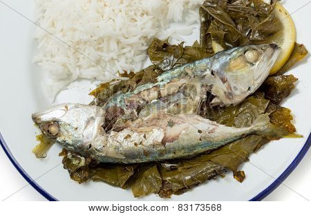Mackerel baked in vine leaves, with olive oil, lemon and oregano, a traditional Greek dish with small mackerel or sardines, served with rice