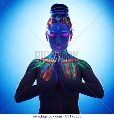 Fantasy woman with hands in Namaste prayer pose