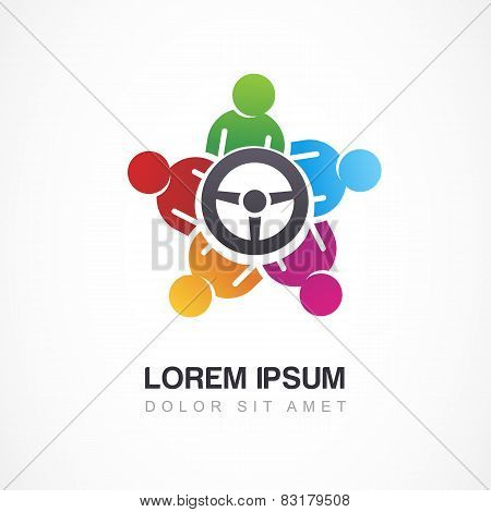Vector Logo Design Template. Colorful People And Steering Wheel. Driver Icon, Social Network Concept