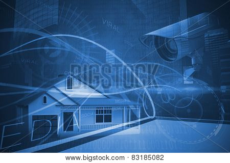 CCTV camera against shiny blue binary code on black background